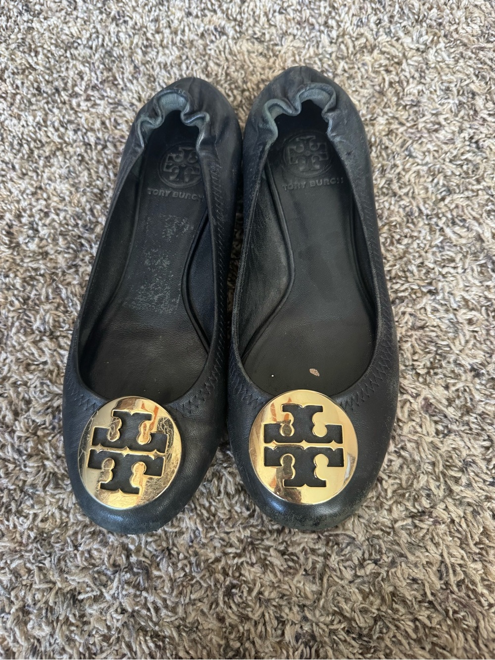 Tory Burch Black Leather Ballet Flats with Gold Logo Medallion